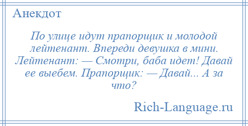 
    По улице идут прапорщик и молодой лейтенант. Впереди девушка в мини. Лейтенант: — Смотри, баба идет! Давай ее выебем. Прапорщик: — Давай... А за что?