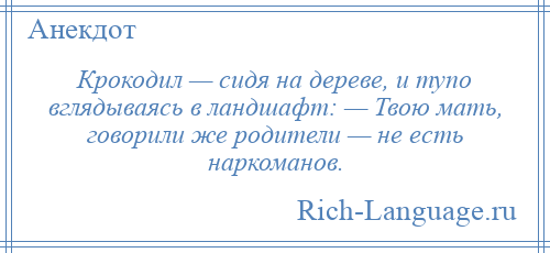 
    Крокодил — сидя на дереве, и тупо вглядываясь в ландшафт: — Твою мать, говорили же родители — не есть наркоманов.
