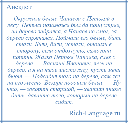 
    Окружили белые Чапаева с Петькой в лесу. Петька помоложе был да пошустрее, на дерево забрался, а Чапаев не смог, за дерево спрятался. Поймали его белые, бить стали. Били, били, устали, отошли в сторону, сели отдохнуть, самогона попить. Жалко Петьке Чапаева, слез с дерева. — Василий Иванович, лезь на дерево, а я на твое место лягу, пусть меня бьют. — Подсадил того на дерево, сам лег на его место. Вскоре подошли белые. — Ну что, — говорит старшой, — хватит этого бить, давайте того, который на дереве сидит.