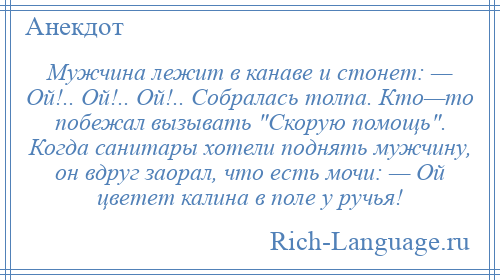 
    Мужчина лежит в канаве и стонет: — Ой!.. Ой!.. Ой!.. Собралась толпа. Кто—то побежал вызывать Скорую помощь . Когда санитары хотели поднять мужчину, он вдруг заорал, что есть мочи: — Ой цветет калина в поле у ручья!