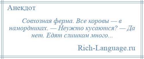 
    Совхозная ферма. Все коровы — в намордниках. — Неужто кусаются? — Да нет. Едят слишком много...