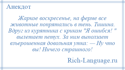 
    Жаркое воскресенье, на ферме все животные попрятались в тень. Тишина. Вдруг из курятника с криком Я ошибся! вылетает петух. За ним выползает взъерошенная довольная утка: — Ну что вы! Ничего страшного!