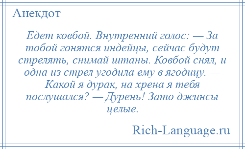 
    Едет ковбой. Внутренний голос: — За тобой гонятся индейцы, сейчас будут стрелять, снимай штаны. Ковбой снял, и одна из стрел угодила ему в ягодицу. — Какой я дурак, на хрена я тебя послушался? — Дурень! Зато джинсы целые.