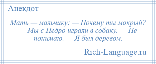 
    Мать — мальчику: — Почему ты мокрый? — Мы с Педро играли в собаку. — Не понимаю. — Я был деревом.