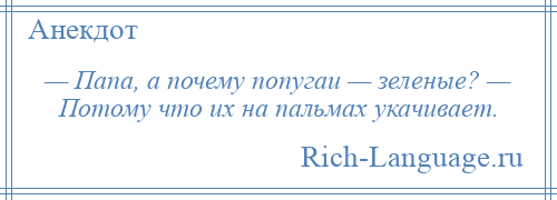 
    — Папа, а почему попугаи — зеленые? — Потому что их на пальмах укачивает.