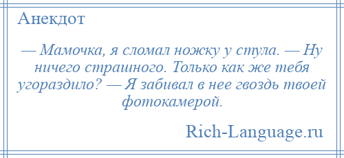 
    — Мамочка, я сломал ножку у стула. — Ну ничего страшного. Только как же тебя угораздило? — Я забивал в нее гвоздь твоей фотокамерой.