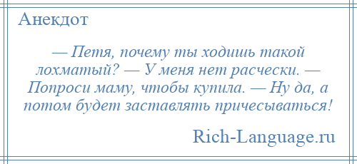 
    — Петя, почему ты ходишь такой лохматый? — У меня нет расчески. — Попроси маму, чтобы купила. — Ну да, а потом будет заставлять причесываться!