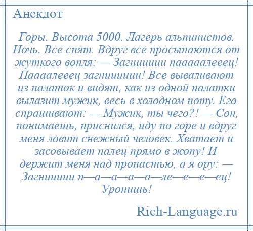 
    Горы. Высота 5000. Лагерь альпинистов. Ночь. Все спят. Вдруг все просыпаются от жуткого вопля: — Загниииии пааааалееец! Паааалееец загнииииии! Все вываливают из палаток и видят, как из одной палатки вылазит мужик, весь в холодном поту. Его спрашивают: — Мужик, ты чего?! — Сон, понимаешь, приснился, иду по горе и вдруг меня ловит снежный человек. Хватает и засовывает палец прямо в жопу! И держит меня над пропастью, а я ору: — Загниииии п—а—а—а—а—ле—е—е—ец! Уронишь!