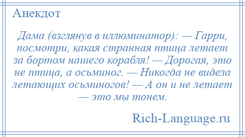 
    Дама (взглянув в иллюминатор): — Гарри, посмотри, какая странная птица летает за бортом нашего корабля! — Дорогая, это не птица, а осьминог. — Никогда не видела летающих осьминогов! — А он и не летает — это мы тонем.