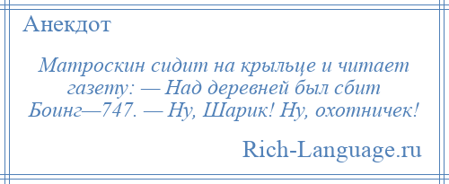 
    Матроскин сидит на крыльце и читает газету: — Над деревней был сбит Боинг—747. — Ну, Шарик! Ну, охотничек!