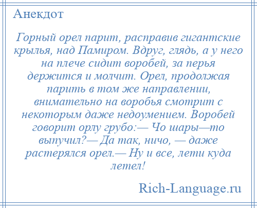 
    Горный орел парит, расправив гигантские крылья, над Памиром. Вдруг, глядь, а у него на плече сидит воробей, за перья держится и молчит. Орел, продолжая парить в том же направлении, внимательно на воробья смотрит с некоторым даже недоумением. Воробей говорит орлу грубо:— Чо шары—то выпучил?— Да так, ничо, — даже растерялся орел.— Ну и все, лети куда летел!