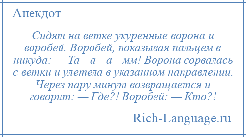 
    Сидят на ветке укуренные ворона и воробей. Воробей, показывая пальцем в никуда: — Та—а—а—мм! Ворона сорвалась с ветки и улетела в указанном направлении. Через пару минут возвращается и говорит: — Где?! Воробей: — Кто?!