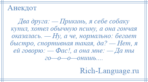 
    Два друга: — Прикинь, я себе собаку купил, хотел обычную псину, а она гончая оказалась. — Ну, а че, нормально: бегает быстро, спортивная такая, да? — Нет, я ей говорю: — Фас!, а она мне: — Да ты го—о—о—онишь....