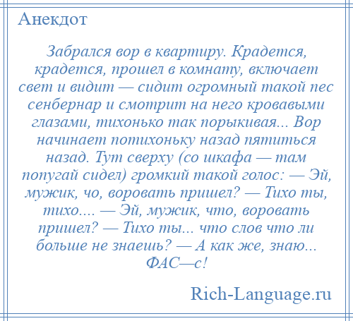 
    Забрался вор в квартиру. Крадется, крадется, прошел в комнату, включает свет и видит — сидит огромный такой пес сенбернар и смотрит на него кровавыми глазами, тихонько так порыкивая... Вор начинает потихоньку назад пятиться назад. Тут сверху (со шкафа — там попугай сидел) громкий такой голос: — Эй, мужик, чо, воровать пришел? — Тихо ты, тихо.... — Эй, мужик, что, воровать пришел? — Тихо ты... что слов что ли больше не знаешь? — А как же, знаю... ФАС—с!
