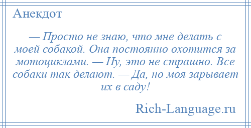 
    — Просто не знаю, что мне делать с моей собакой. Она постоянно охотится за мотоциклами. — Ну, это не страшно. Все собаки так делают. — Да, но моя зарывает их в саду!