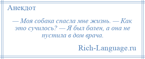 
    — Моя собака спасла мне жизнь. — Как это сучилось? — Я был болен, а она не пустила в дом врача.