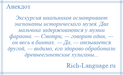 
    Экскурсия школьников осматривает экспонаты исторического музея. Два мальчика задерживаются у мумии фараона. — Смотри, — говорит один, — он весь в бинтах. — Да, — отзывается другой, — видимо, его здорово обработали древнеегипетские хулиганы...