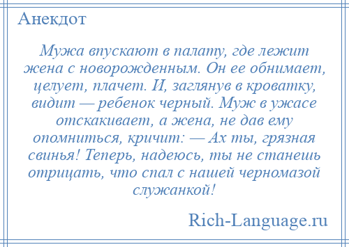 
    Мужа впускают в палату, где лежит жена с новорожденным. Он ее обнимает, целует, плачет. И, заглянув в кроватку, видит — ребенок черный. Муж в ужасе отскакивает, а жена, не дав ему опомниться, кричит: — Ах ты, грязная свинья! Теперь, надеюсь, ты не станешь отрицать, что спал с нашей черномазой служанкой!