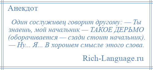 
    Один сослуживец говорит другому: — Ты знаешь, мой начальник — ТАКОЕ ДЕРЬМО (оборачивается — сзади стоит начальник). — Ну... Я... В хорошем смысле этого слова.