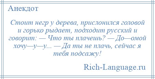 
    Стоит негр у дерева, прислонился головой и горько рыдает, подходит русский и говорит: — Что ты плачешь? — До—омой хочу—у—у... — Да ты не плачь, сейчас я тебя подсажу!
