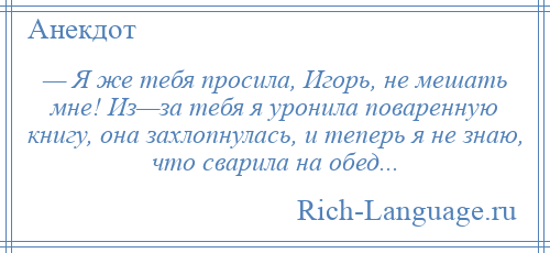 
    — Я же тебя просила, Игорь, не мешать мне! Из—за тебя я уронила поваренную книгу, она захлопнулась, и теперь я не знаю, что сварила на обед...