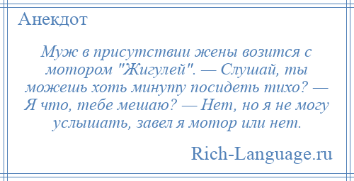 
    Муж в присутствии жены возится с мотором Жигулей . — Слушай, ты можешь хоть минуту посидеть тихо? — Я что, тебе мешаю? — Нет, но я не могу услышать, завел я мотор или нет.