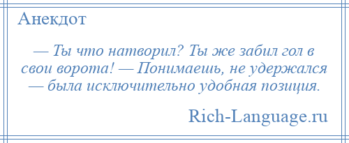 
    — Ты что натворил? Ты же забил гол в свои ворота! — Понимаешь, не удержался — была исключительно удобная позиция.