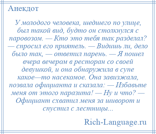 
    У молодого человека, шедшего по улице, был такой вид, будто он столкнулся с паровозом. — Кто это тебя так разделал? — спросил его приятель. — Видишь ли, дело было так, — ответил парень. — Я пошел вчера вечером в ресторан со своей девушкой, и она обнаружила в супе какое—то насекомое. Она завизжала, позвала официанта и сказала: — Избавьте меня от этого паразита! — Ну и что? — Официант схватил меня за шиворот и спустил с лестницы...