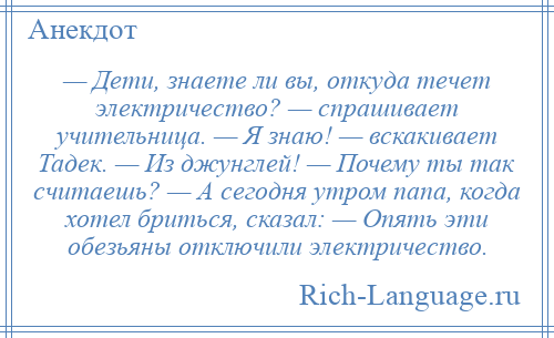 
    — Дети, знаете ли вы, откуда течет электричество? — спрашивает учительница. — Я знаю! — вскакивает Тадек. — Из джунглей! — Почему ты так считаешь? — А сегодня утром папа, когда хотел бриться, сказал: — Опять эти обезьяны отключили электричество.