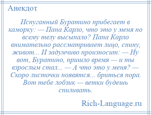 
    Испуганный Буратино прибегает в каморку: — Папа Карло, что это у меня по всему телу высыпало? Папа Карло внимательно рассматривает лицо, спину, живот... И задумчиво произносит: — Ну вот, Буратино, пришло время — и ты взрослым стал... — А что это у меня? — Скоро листочки появятся... бриться пора. Вот тебе лобзик — ветки будешь спиливать.