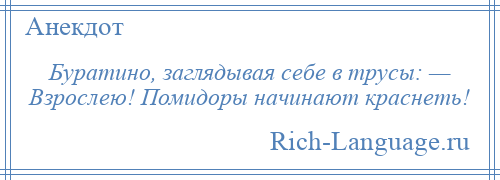 
    Буратино, заглядывая себе в трусы: — Взрослею! Помидоры начинают краснеть!