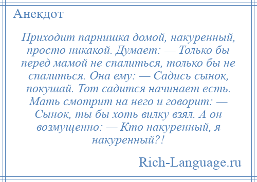 
    Приходит парнишка домой, накуренный, просто никакой. Думает: — Только бы перед мамой не спалиться, только бы не спалиться. Она ему: — Садись сынок, покушай. Тот садится начинает есть. Мать смотрит на него и говорит: — Сынок, ты бы хоть вилку взял. А он возмущенно: — Кто накуренный, я накуренный?!