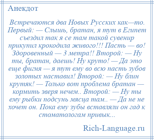 
    Встречаются два Новых Русских как—то. Первый: — Слышь, братан, я тут в Египет съездил так я се там такой сувенир прикупил крокодила живого!!! Пасть — во! Здоровенный — 3 метра!! Второй: — Ну ты, братан, даешь! Ну круто! — Да это еще фигня — я тут ему во всю пасть зубов золотых наставил! Второй: — Ну блин крутяк! — Только вот проблема братан — кормить зверя нечем.. Второй: — Ну ты ему рыбки подсунь мясца там.. — Да не не хочет он. Пока ему зубы вставляли он гад к стоматологам привык...