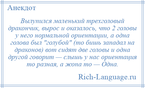
    Вылупился маленький трехголовый дракончик, вырос и оказалось, что 2 головы у него нормальной ориентации, а одна голова был голубой (то бишь западал на драконов) вот сидят две головы и одна другой говорит — слышь у нас ориентация то разная, а жопа то — Одна.