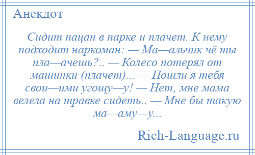 
    Сидит пацан в парке и плачет. К нему подходит наркоман: — Ма—альчик чё ты пла—ачешь?.. — Колесо потерял от машинки (плачет)... — Пошли я тебя свои—ими угощу—у! — Нет, мне мама велела на травке сидеть.. — Мне бы такую ма—аму—у...