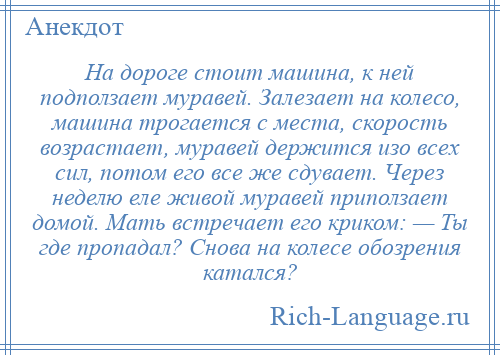 
    На дороге стоит машина, к ней подползает муравей. Залезает на колесо, машина трогается с места, скорость возрастает, муравей держится изо всех сил, потом его все же сдувает. Через неделю еле живой муравей приползает домой. Мать встречает его криком: — Ты где пропадал? Снова на колесе обозрения катался?