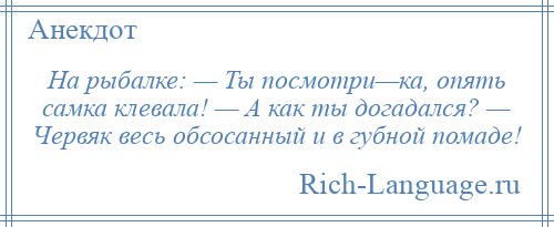 
    На рыбалке: — Ты посмотри—ка, опять самка клевала! — А как ты догадался? — Червяк весь обсосанный и в губной помаде!