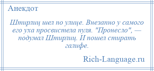 
    Штирлиц шел по улице. Внезапно у самого его уха просвистела пуля. Пронесло , — подумал Штирлиц. И пошел стирать галифе.