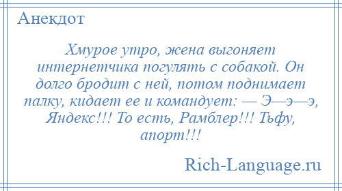 
    Хмурое утро, жена выгоняет интернетчика погулять с собакой. Он долго бродит с ней, потом поднимает палку, кидает ее и командует: — Э—э—э, Яндекс!!! То есть, Рамблер!!! Тьфу, апорт!!!