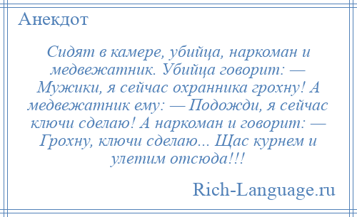 
    Сидят в камере, убийца, наркоман и медвежатник. Убийца говорит: — Мужики, я сейчас охранника грохну! А медвежатник ему: — Подожди, я сейчас ключи сделаю! А наркоман и говорит: — Грохну, ключи сделаю... Щас курнем и улетим отсюда!!!