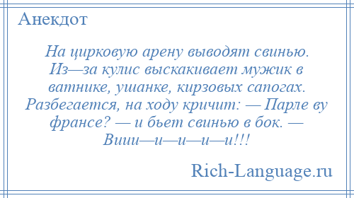
    На цирковую арену выводят свинью. Из—за кулис выскакивает мужик в ватнике, ушанке, кирзовых сапогах. Разбегается, на ходу кричит: — Парле ву франсе? — и бьет свинью в бок. — Виии—и—и—и—и!!!