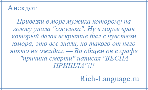 
    Привезли в морг мужика которому на голову упала сосулька . Ну в морге врач который делал вскрытие был с чувством юмора, это все знали, но такого от него никто не ожидал. — Во общем он в графе причина смерти написал ВЕСНА ПРИШЛА !!!