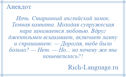 
    Ночь. Старинный английский замок. Темная комната. Молодая супружеская пара занимается любовью. Вдруг джентльмен вскакивает, включает лампу и спрашивает: — Дорогая, тебе было больно? — Нет. — Но... но почему же ты пошевелилась?!