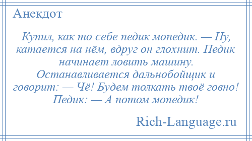 
    Купил, как то себе педик мопедик. — Ну, катается на нём, вдруг он глохнит. Педик начинает ловить машину. Останавливается дальнобойщик и говорит: — Чё! Будем толкать твоё говно! Педик: — А потом мопедик!