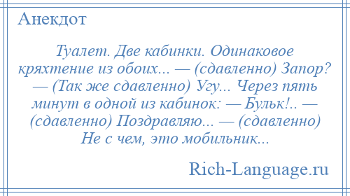 
    Туалет. Две кабинки. Одинаковое кряхтение из обоих... — (сдавленно) Запор? — (Так же сдавленно) Угу... Через пять минут в одной из кабинок: — Бульк!.. — (сдавленно) Поздравляю... — (сдавленно) Не с чем, это мобильник...