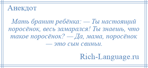 
    Мать бранит ребёнка: — Ты настоящий поросёнок, весь замарался! Ты знаешь, что такое поросёнок? — Да, мама, поросёнок — это сын свиньи.