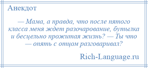 
    — Мама, а правда, что после пятого класса меня ждет разочарование, бутылка и бесцельно прожитая жизнь? — Ты что — опять с отцом разговаривал?