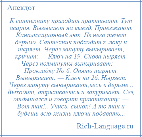 
    К сантехнику приходит практикант. Тут авария. Вызывают на выезд. Приезжают. Канализационный люк. Из него течет дерьмо. Сантехник подходит к люку и ныряет. Через минуту выныривает, кричит: — Ключ на 19. Снова ныряет. Через полминуты выныривает: — Прокладку No.6. Опять ныряет. Выныривает: — Ключ на 26. Ныряет. Через минуту выныривает,весь в дерьме... Выходит, отряхивается и закуривает. Сел, отдышался и говорит практиканту: — Вот так!.. Учись, сынок! А то так и будешь всю жизнь ключи подавать...