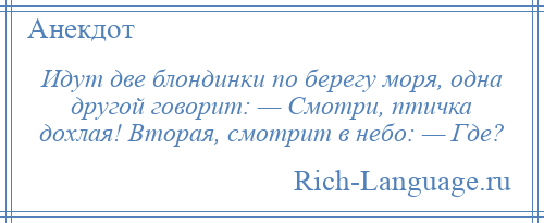 
    Идут две блондинки по берегу моря, одна другой говорит: — Смотри, птичка дохлая! Вторая, смотрит в небо: — Где?
