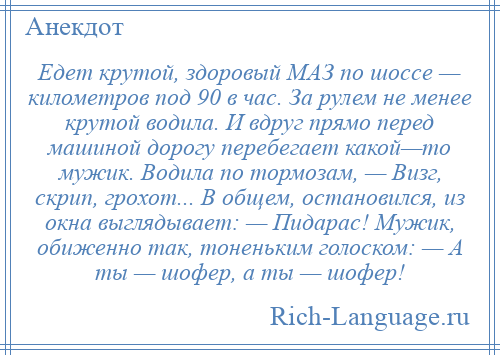 
    Едет крутой, здоровый МАЗ по шоссе — километров под 90 в час. За рулем не менее крутой водила. И вдруг прямо перед машиной дорогу перебегает какой—то мужик. Водила по тормозам, — Визг, скрип, грохот... В общем, остановился, из окна выглядывает: — Пидарас! Мужик, обиженно так, тоненьким голоском: — А ты — шофер, а ты — шофер!